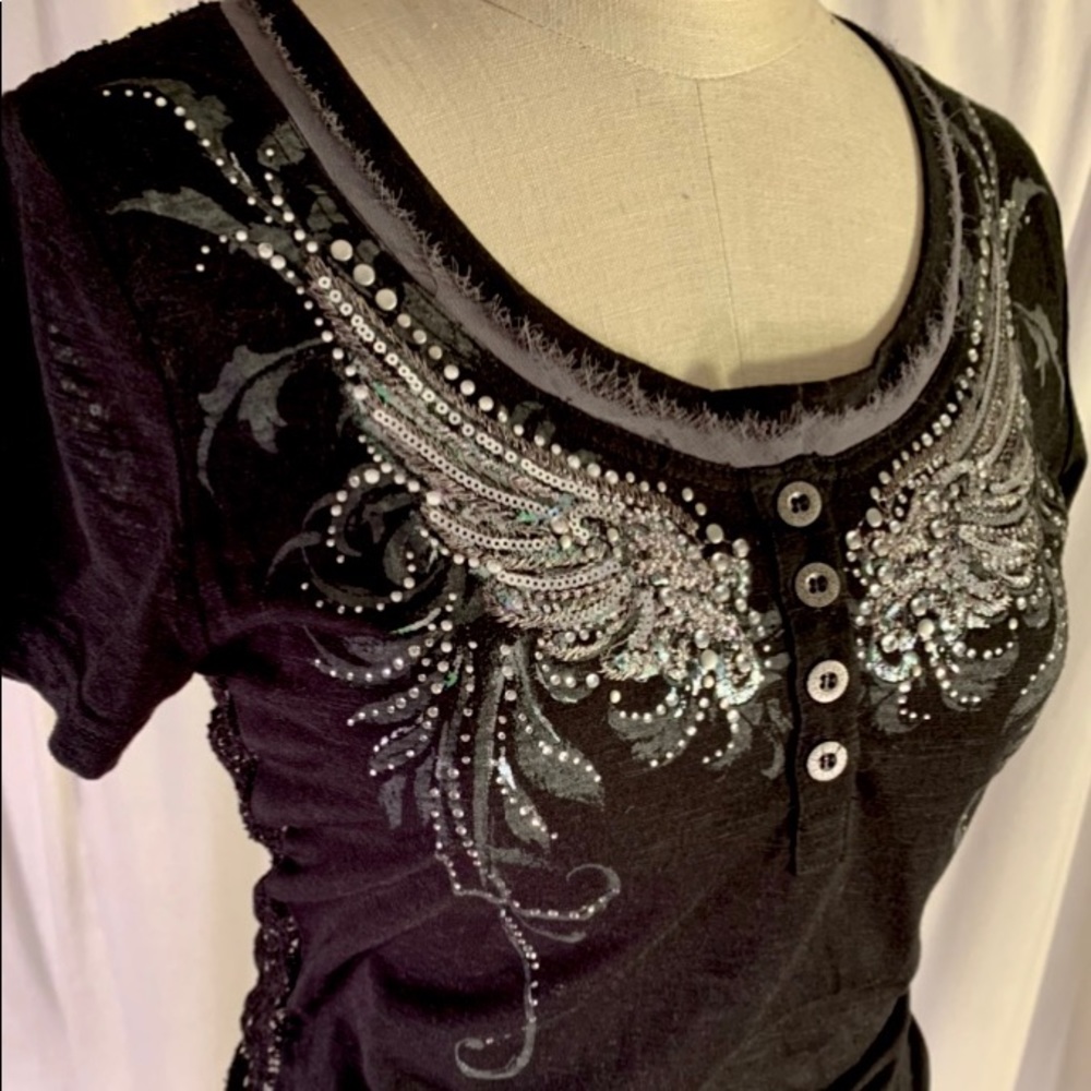 Miss Me Edgy Lace and Sequin Short Sleeve Tee